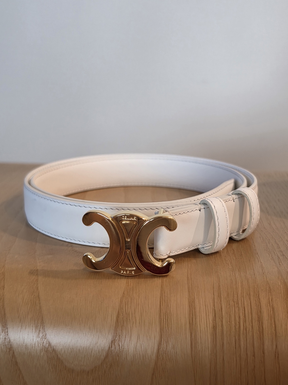 Celine Like White Leather Belt with Gold Triomphe Buckle